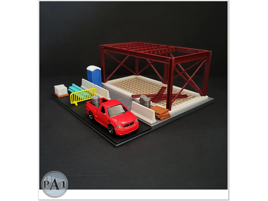 Baustelle mit Stahlrahmen – 3D-Bausatz Maßstab 1:64 | Diorama Modul für Hot-Wheels & Matchbox | PA1 Authorized Reseller |  3D-0052