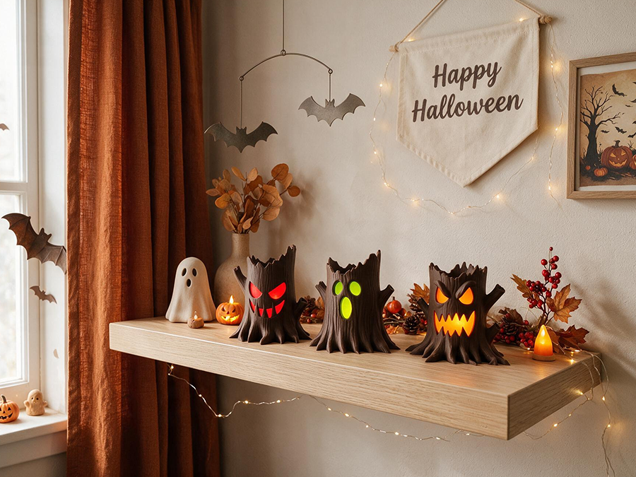Spooky Halloween Baumstämme mit LED-Teelicht – 3D-Druck Halloween Deko