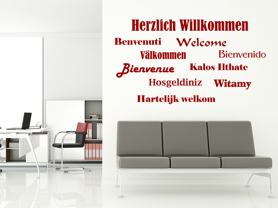 Wandtattoo Willkommen, Welcome in verschiedenen Sprachen bis zu 200 x 112 cm WT-0119