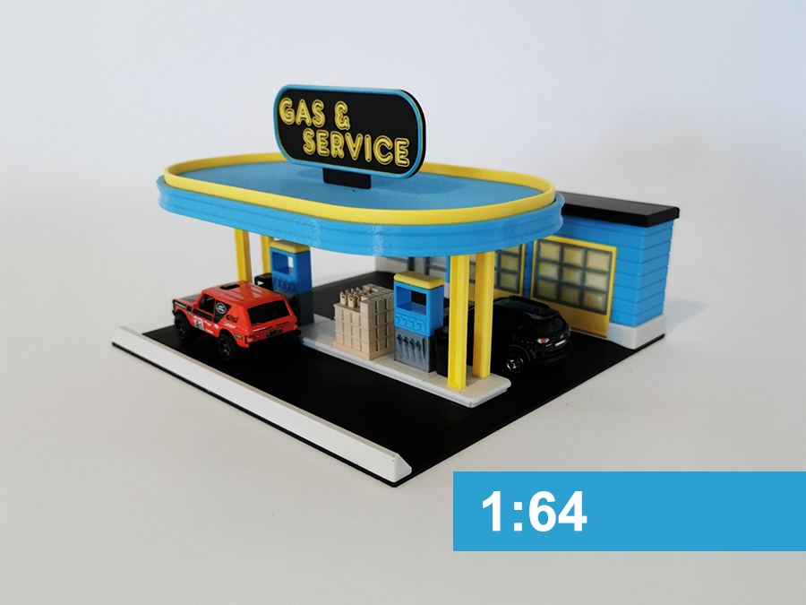Gas & Service - Tankstelle Miniatur Diorama Bausatz - 1:64 - Diecast, für Hot-Wheels und Matchbox Autos |  3D-0108