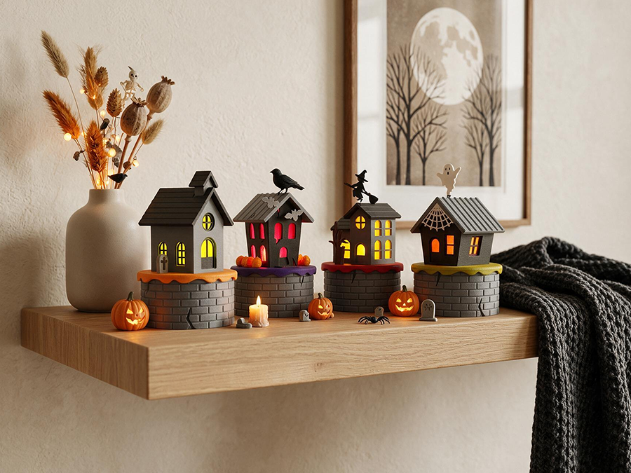 Halloween Mini Dorf mit LED-Teelicht – Detailreiche 3D-Druck Halloween-Dekoration 