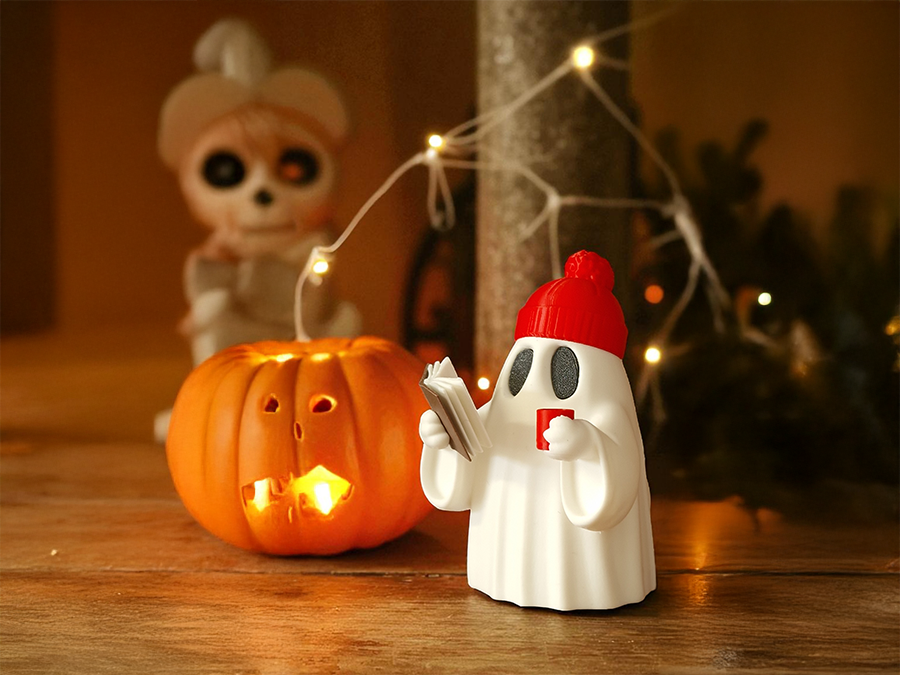 Halloween Geist im Weihnachtsfieber | Geist mit Mütze, Kakao und Buch | 3D-0074