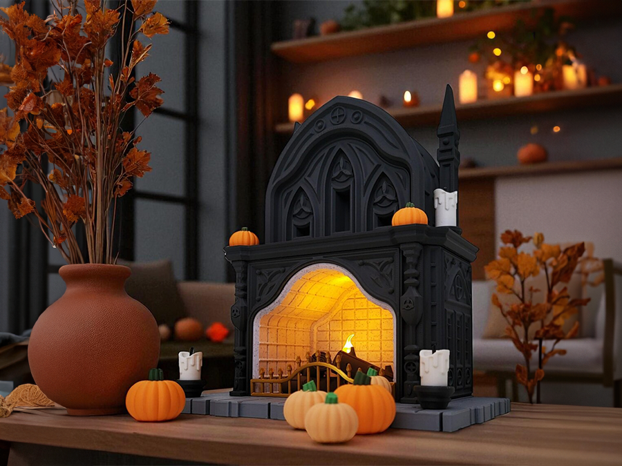 Halloween Gothic Style Kamin mit LED-Teelicht | Flackerlicht für Regal, Fensterbank, Tisch | PA1 Authorized Reseller 3D-0062