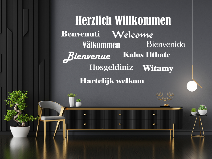 Wandtattoo Willkommen, Welcome in verschiedenen Sprachen bis zu 200 x 112 cm WT-0119